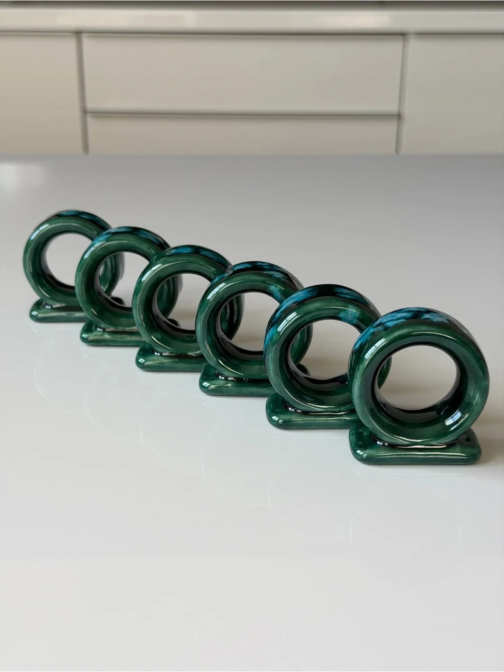 Vintage Drip Glaze Ceramic Napkin Rings - Set Of 6 Emerald & Turquoise